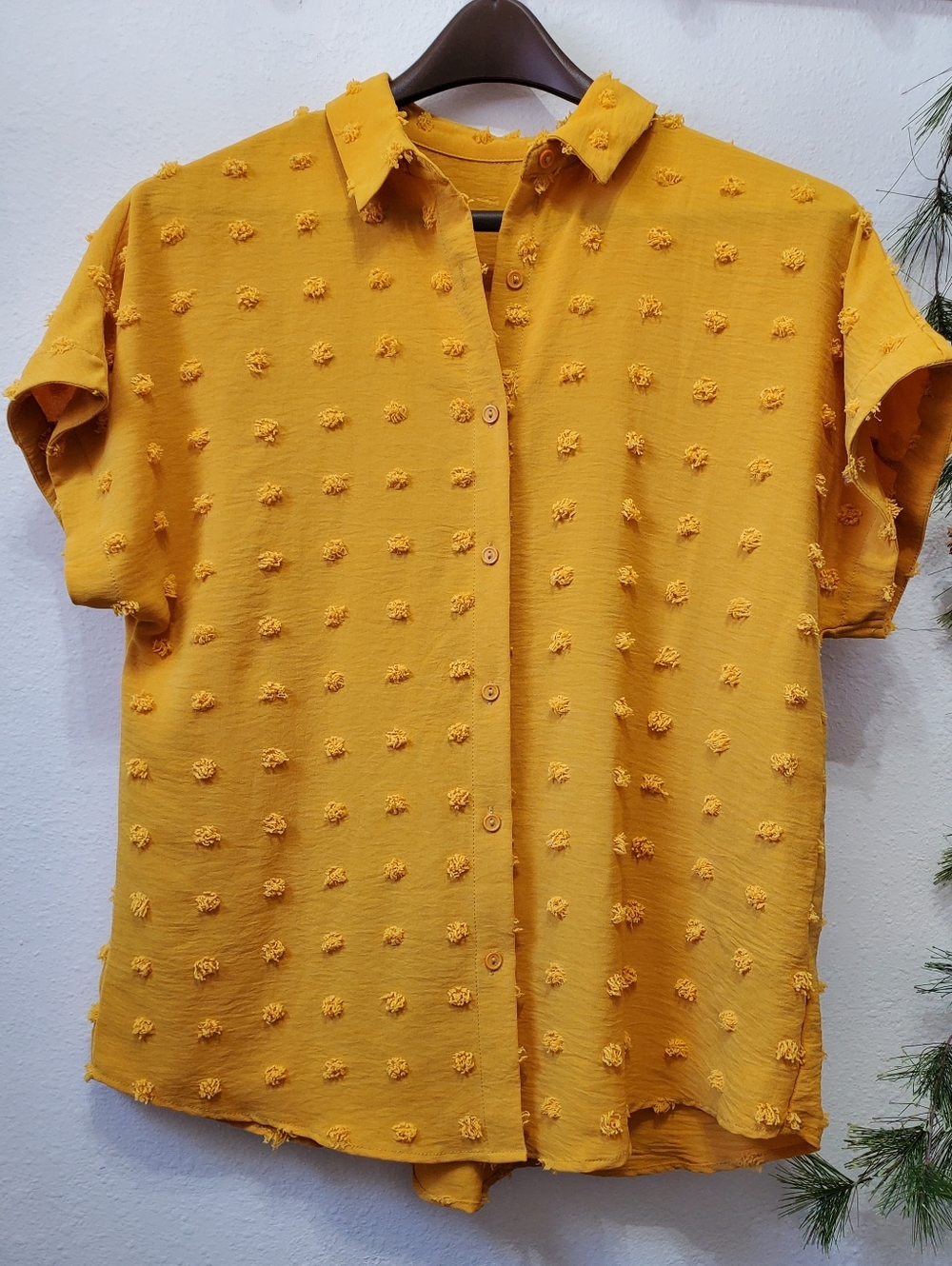 Sun-Yellow Textured Blouse Relaxed Boxy Fit Swiss Dot Short Sleeve